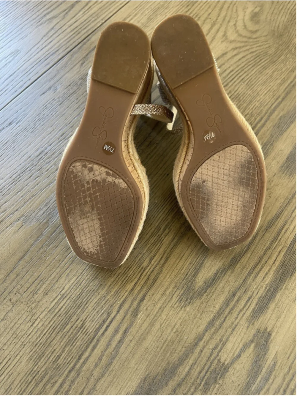 Jessica Simpson Women’s Beige Glitter Wedge Sandals Ankle Strap Buckle 7.5